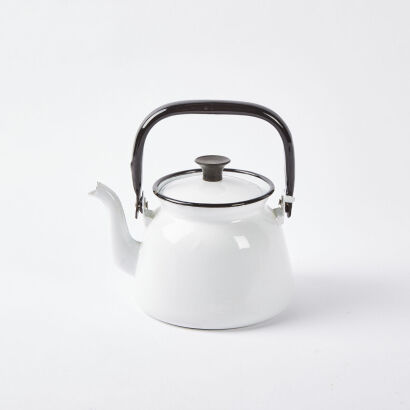 A Vintage White And Black Enamel Teapot