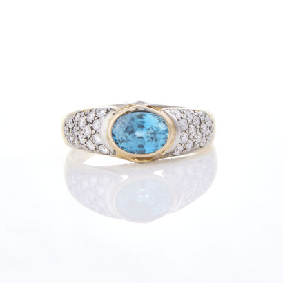 14ct Yellow Gold, Blue Zircon and .50ct Diamond Ring