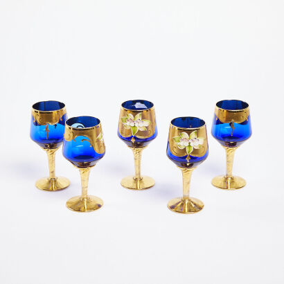 A Set of Five Murano Glass Wine Glasses 24K Gold Leaf - Blue