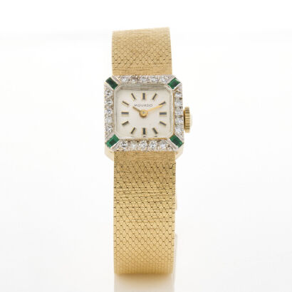 14ct Yellow Gold, Vintage, Movado, Emerald and Diamond Manual Wind Wristwatch