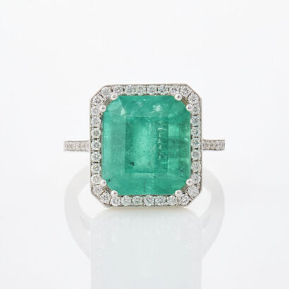 18ct White Gold, 7.42cts Emerald and .44ct Diamond Ring