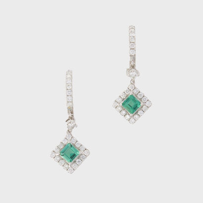 18ct White Gold, 1.08ct Emerald and .98ct Diamond Drop Earrings