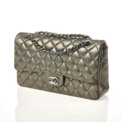 Chanel Metallic Silver Lambskin Medium Classic Double Flap Bag