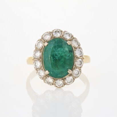 Handmade, 18ct Yellow Gold, 3.36ct Emerald and 1.06ct Diamond Ring