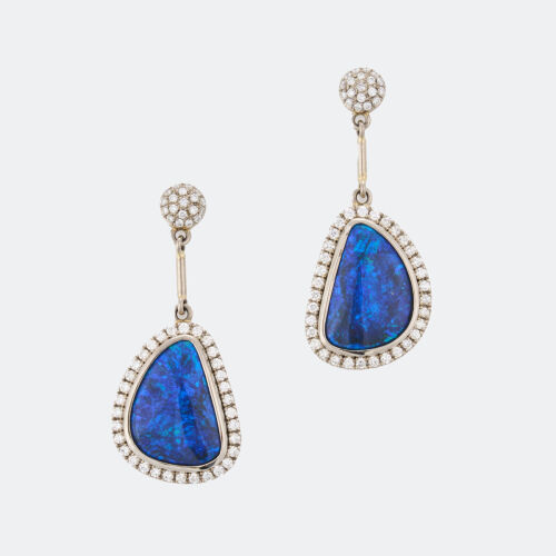 18ct White Gold, 16.17ct Lightning Ridge Black Opal and 1.53ct Diamond Drop Earrings