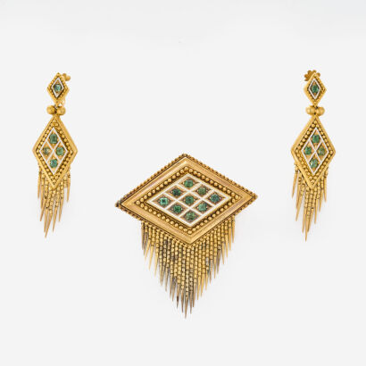 Antique, 20ct Yellow Gold, Victorian Etruscan Revival 2.40ct Emerald Earrings, Pendant / Brooch Set