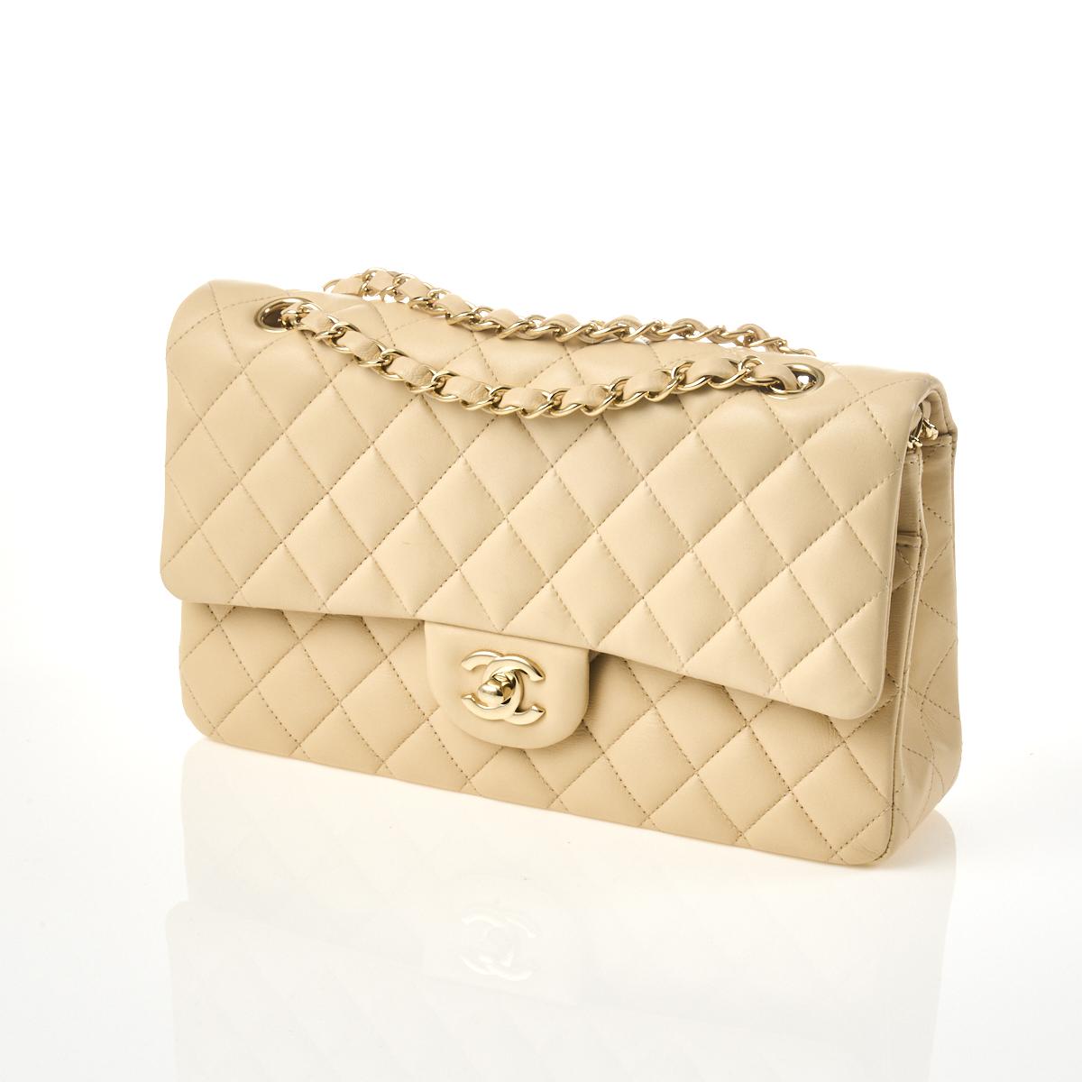 CHANEL Vintage Cream Lambskin Bag Chain Strap Made in France 