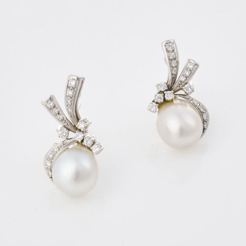 18ct White Gold, Modern South Sea Cultured Pearl and Diamond Earrings