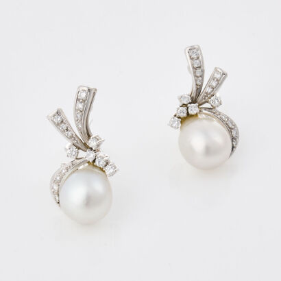 18ct White Gold, Modern South Sea Cultured Pearl and Diamond Earrings