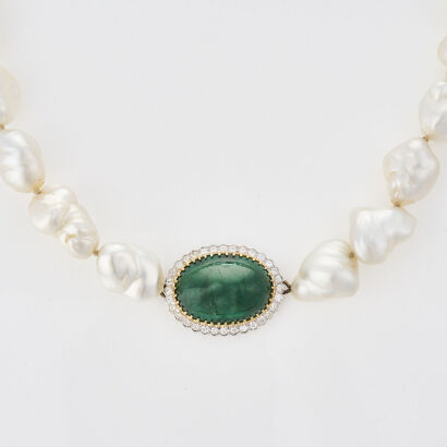 18ct /14ct White Gold, Pearl Strand with 30.50ct Cabochon Emerald and Diamond Pendant