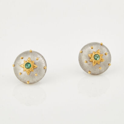 18ct White Gold, .06ct Emerald, Round Stud Earrings