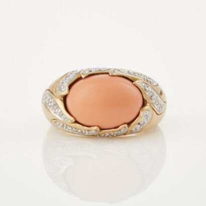 9ct Yellow Gold, Karen Walker Coral and Diamond Ring