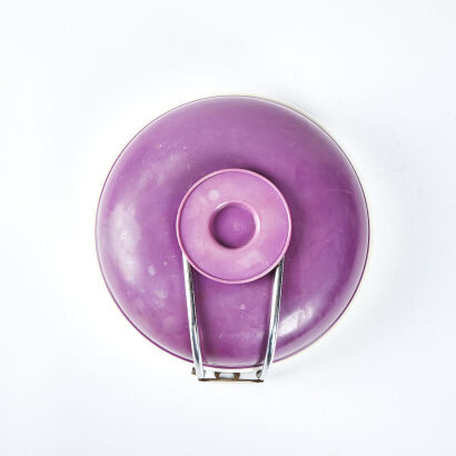 An NZ Retro Suzy Domestic Wall-Mounted Kitchen Scales With Purple Bowl Manufactured By Brown And Brown Waihi