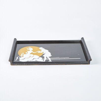 An Art Deco Black And Yellow Mirrored Drinks Tray With A Wooden Surround