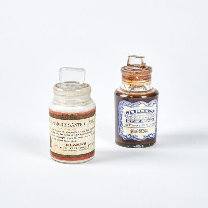 A Pair Of Antique Pharmacy Bottles With Contents Of Magnesia Ponsonby Auckland And Clarks Paris