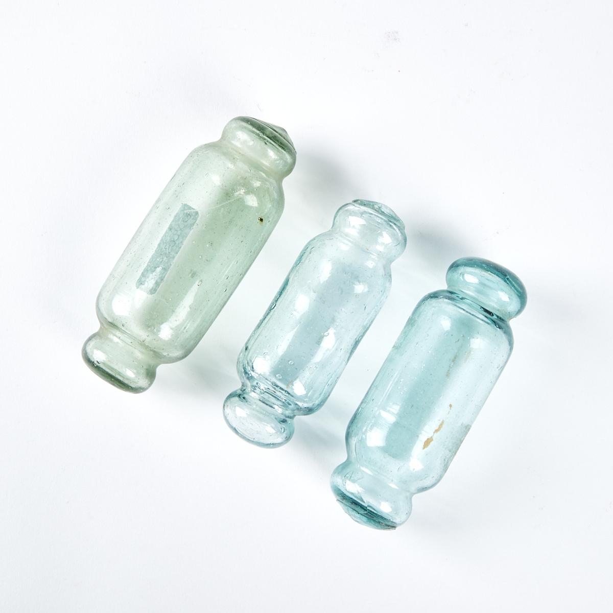 A Trio Of Vintage Japanese Glass Rollers Fishing Floats Handblown With Glass  Seal To Ends