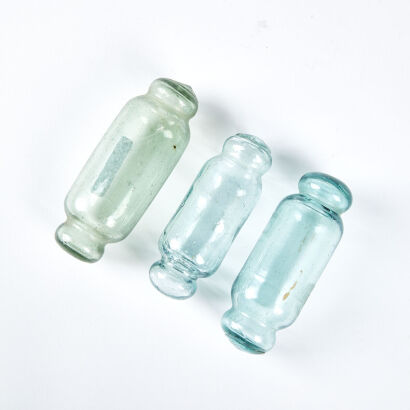 A Trio Of Vintage Japanese Glass Rollers Fishing Floats Handblown With Glass Seal To Ends