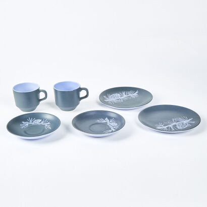 A Pair Of Crown Lynn Dorothy Thorpe Pine Cups, Saucers, And Plates