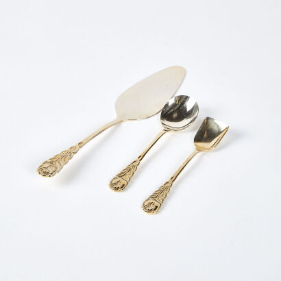 A Gold Plated Cake Slice, Jam Spoon, And Sugar Spoon With Roses Pattern Made In Germany