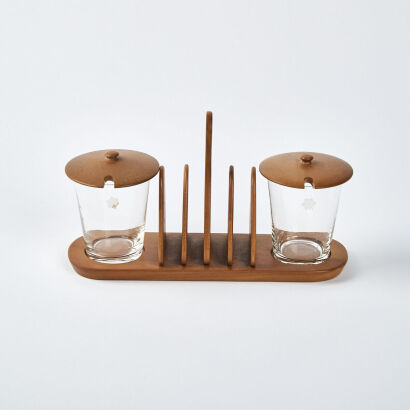 A Vintage Teak Toast Rack With Two Condiment Jars