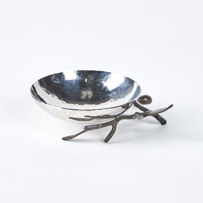A Silver Plated Dish Mounted On A Bronze Leaf Base - Artist Signed