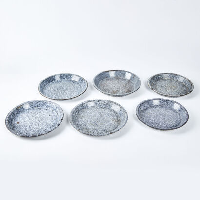 A Set Of Six Vintage Graniteware Enamel Plates In Grey/Blue Mottled Colourway