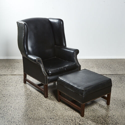 A Wingback Library Chair with Footstool & Studded Detailing