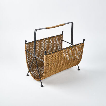 A Fifties Iron And Rattan Magazine Holder