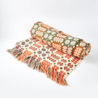 A Welsh Tapestry Wool Blanket In Green, Grey, Orange And Cream