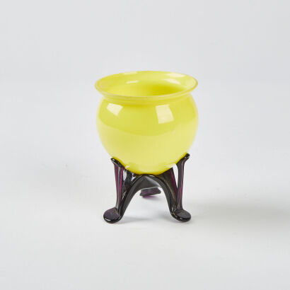 A Mid-Century Bold Yellow And Purple Tri-Foot Art Glass Bowl Czechoslovakia