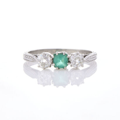 Platinum, .56ct Old Mine cut Diamond and Green Stone Ring