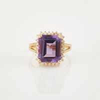 14ct Yellow Gold, 11.8mm x 9.95mm Amethyst and .25ct Diamond Cocktail Ring