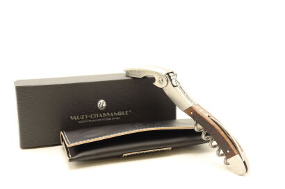 (1) Laguiole &lsquo;Tradition&rsquo; Sommelier Wine Knife &ndash; Chateau Margaux Charred&nbsp;Oak Barrel&nbsp;Wood with Black Leather Pouch