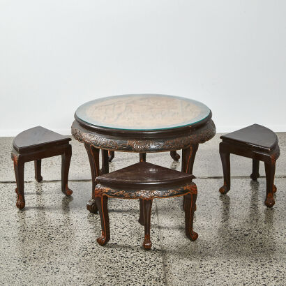 A Chinese Glass Topped Table With Intricate Inlay And Four Stools