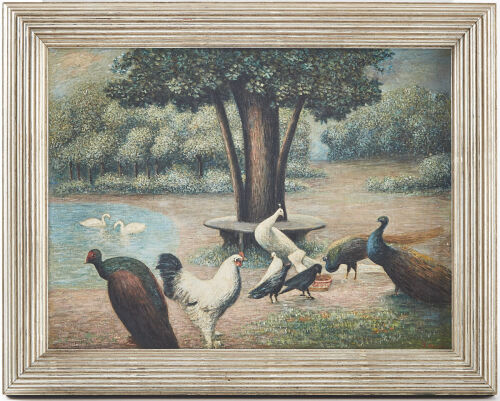 A 19th Century Peacock and Rooster Scene Painting