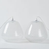 A Pair of Murano Latticino Glass Pendant Lights for Lightolier NY, USA