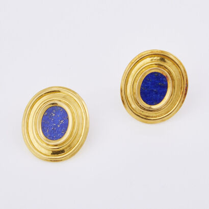 18ct Yellow Gold, Oval Lapis Lazulli Clip on Earrings