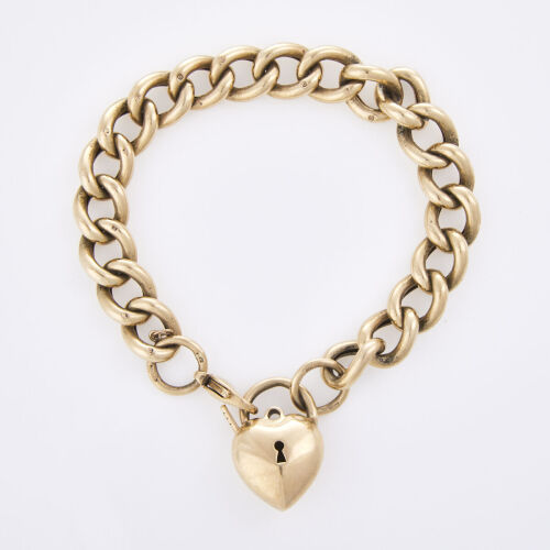 9ct Yellow Gold, Hollow Link Curb Bracelet with Puff Heart