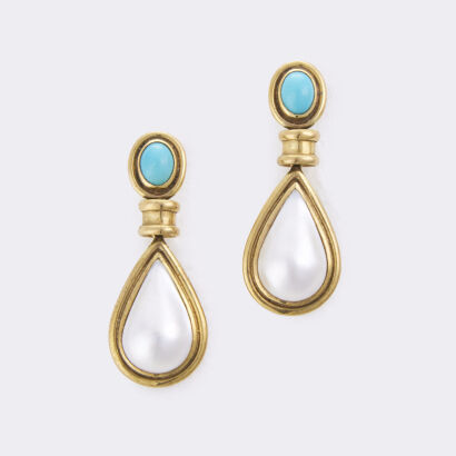 9ct Yellow Gold, Mabe Pearl and Turquoise Drop Earrings