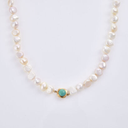 Baroque Pearl Necklace with 14ct Yellow Gold Turquoise Set Clasp