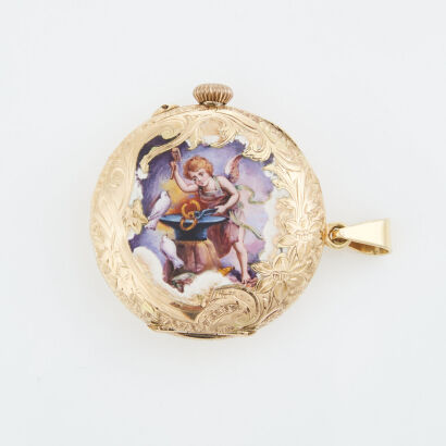 An Ornate, 14ct Yellow Gold Ladies Pocket Watch with Enamelled Caseback