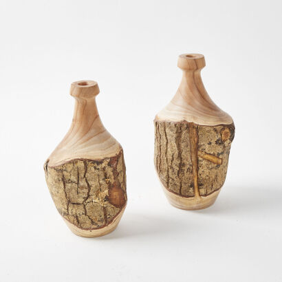 A Pair Of New Zealand Melia Hand Turned Vessels With Bark Live Edge Detailing