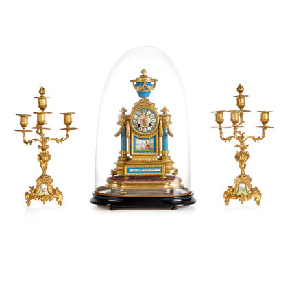 An Impressive Louis XVI Style Sèvres Porcelain and Ormolu Clock Garnitures