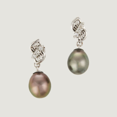 18ct White Gold, 27mm Modern Pearl and Diamond Earrings