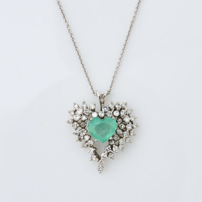 14ct White Gold, 1.20ct Emerald and .85ct Diamond Pendant on 18ct Gold Chain