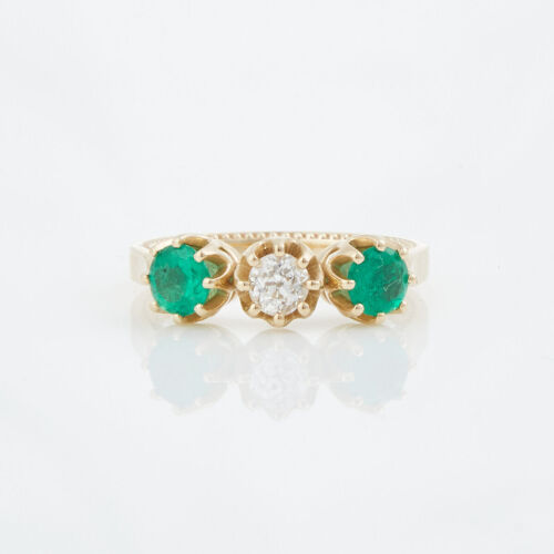 18ct Yellow Gold, .80ct Emerald and .33ct Diamond Three Stone Ring