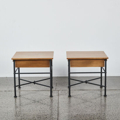 A Pair Of Large Wooden Bedside Tables With Iron Legs
