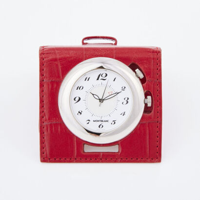 Montblanc, Stainless Steel, Travel Alarm Clock, with Red Leather Foldable Case - Near new