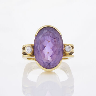 18ct Yellow Gold, Large Oval Amethyst and Diamond Ring