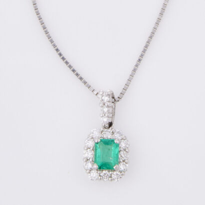 Platinum, .32ct Emerald and .26ct Diamond Pendant on Box Chain